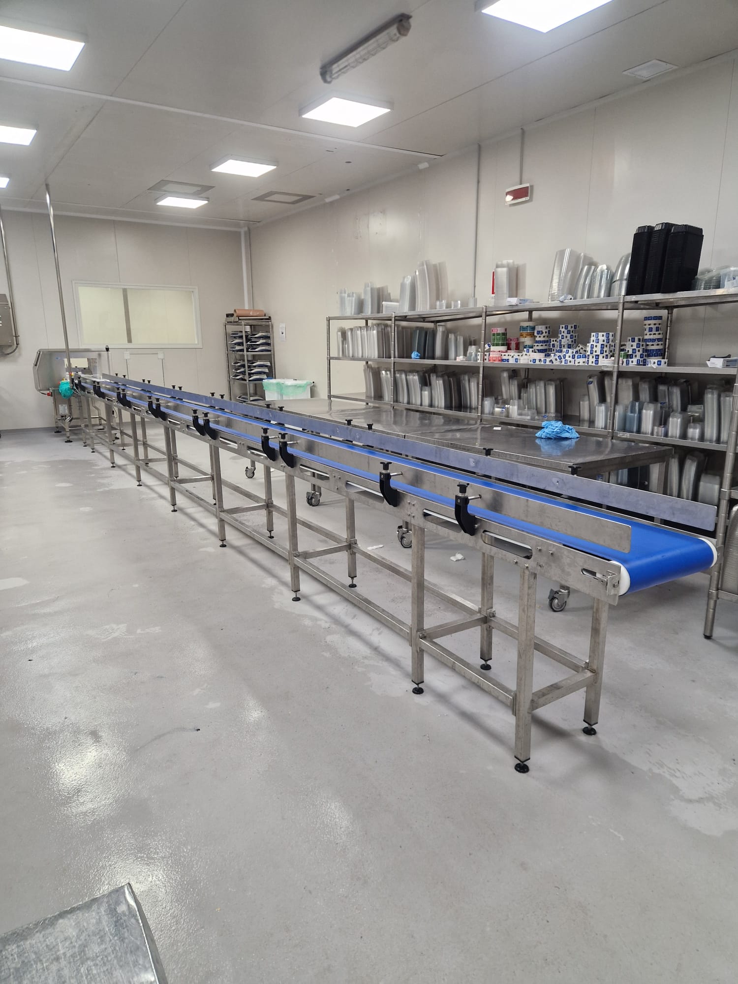 Nastro in sala confezionamento con scaffalature